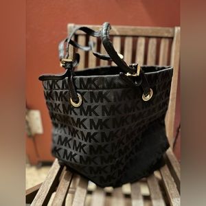 Michael Kors Set Large Black Tote  Canvas Leather Straps &  Sm/Wallet